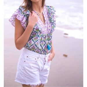 Vibrant Floral Ruffle Blouse - Purple and Green
